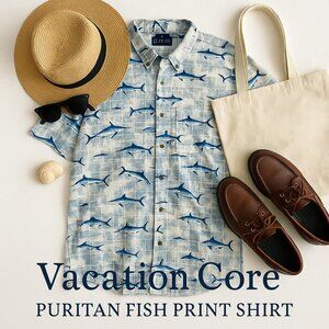 Puritan Marlin Fish Print Button Down Shirt Cotton Short Sleeve Men’s XL
